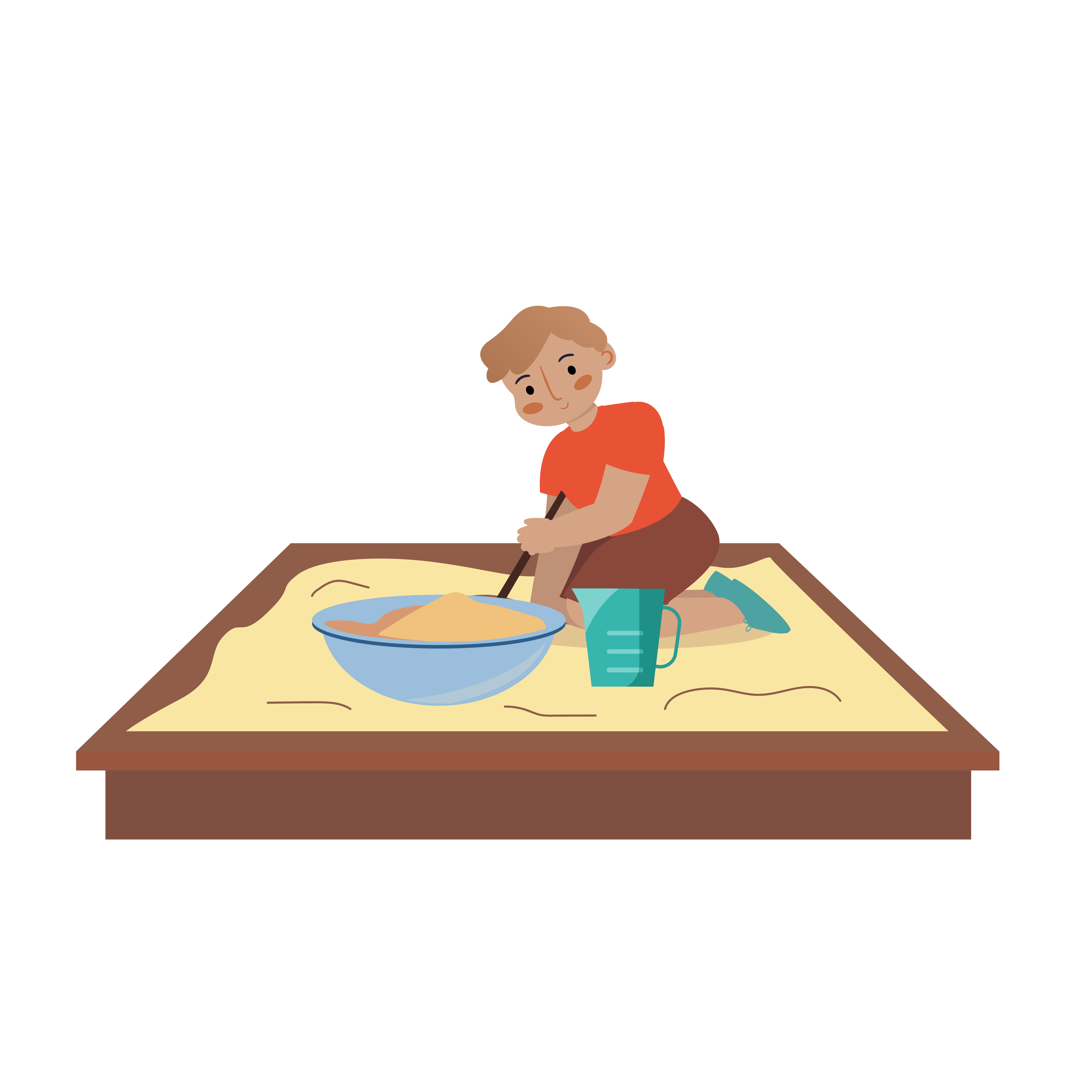 child making mud in a sandbox