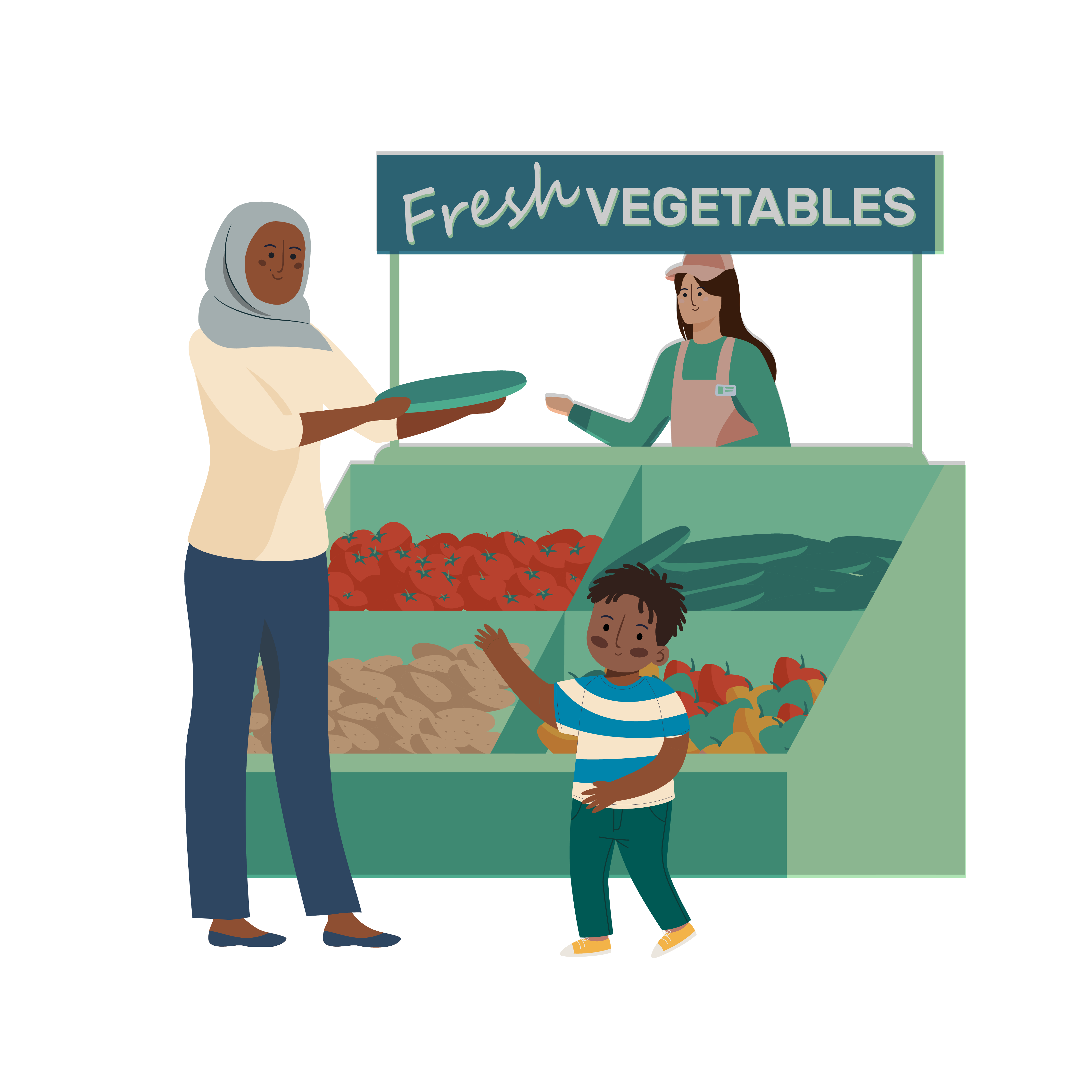 child shopping for fresh vegetables at a food market.